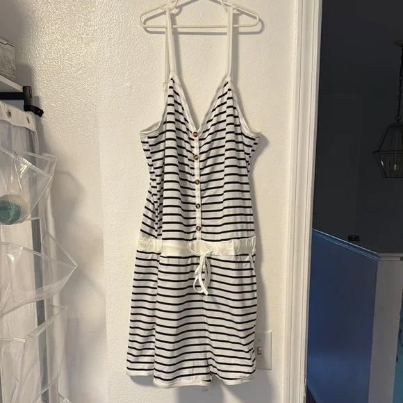 White and Black Striped Button-Down romper - Picture 1 of 3